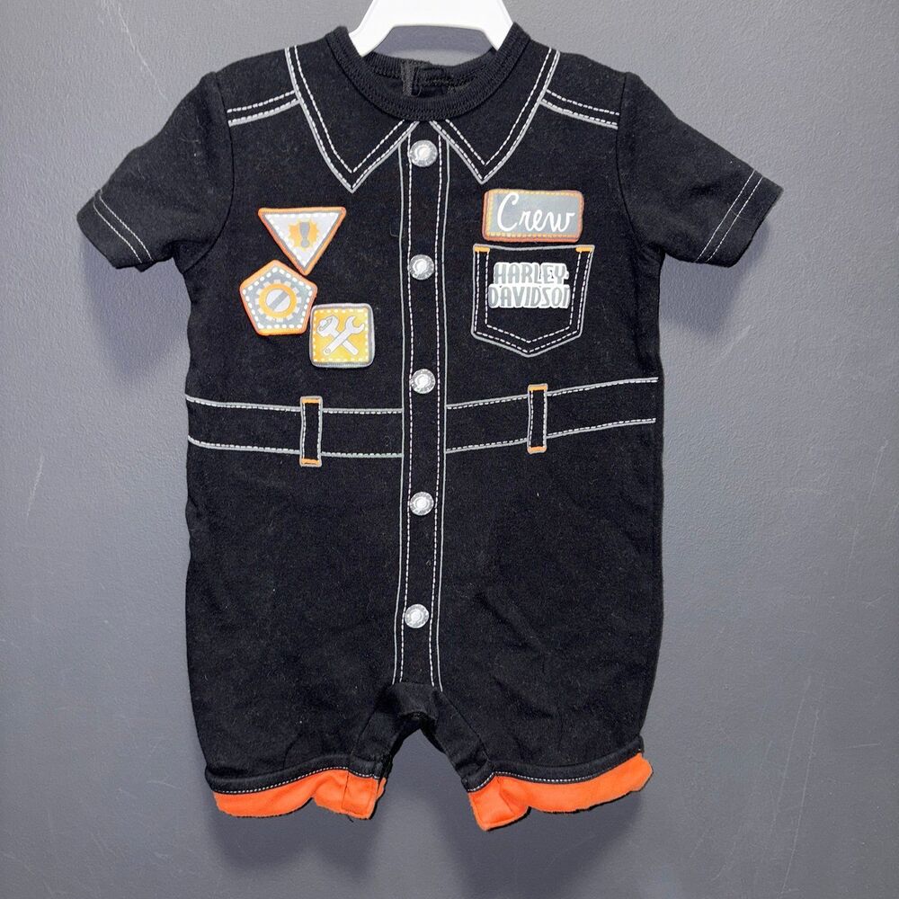 Harley Davidson Infants 12m One Piece Romper Black Orange Short Sleeve